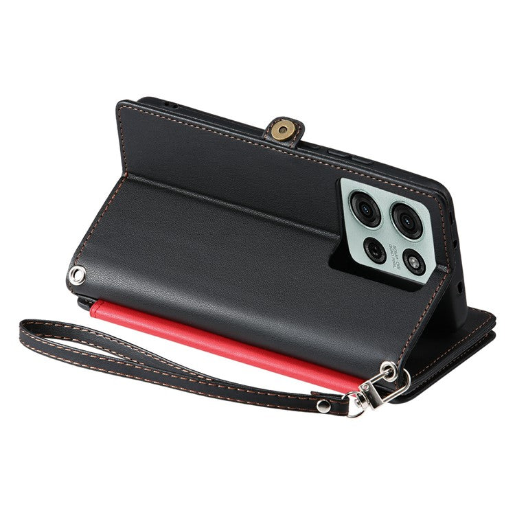 015 Style For Motorola Moto G75 5G Case TPU+PU Leather Wallet Phone Cover with Straps - Black