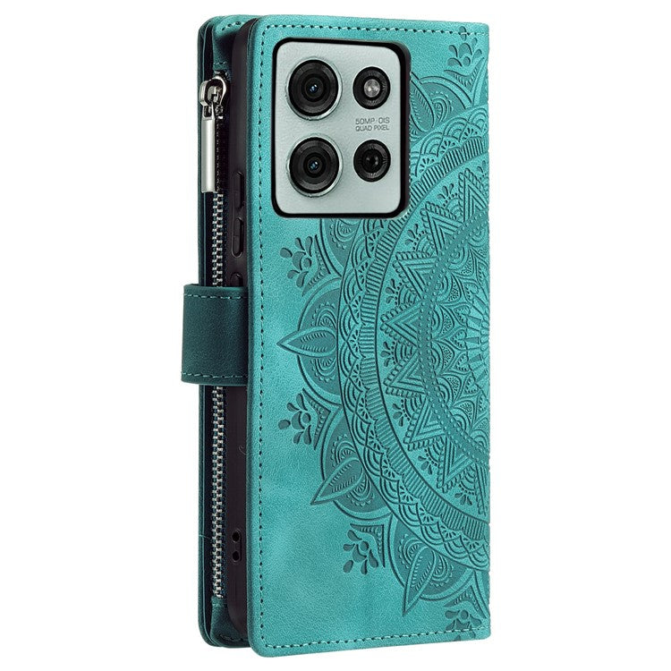 Style 006 For Motorola Moto G75 5G Wallet Case PU Leather Phone Cover Mandala Flower Pattern - Mint Green