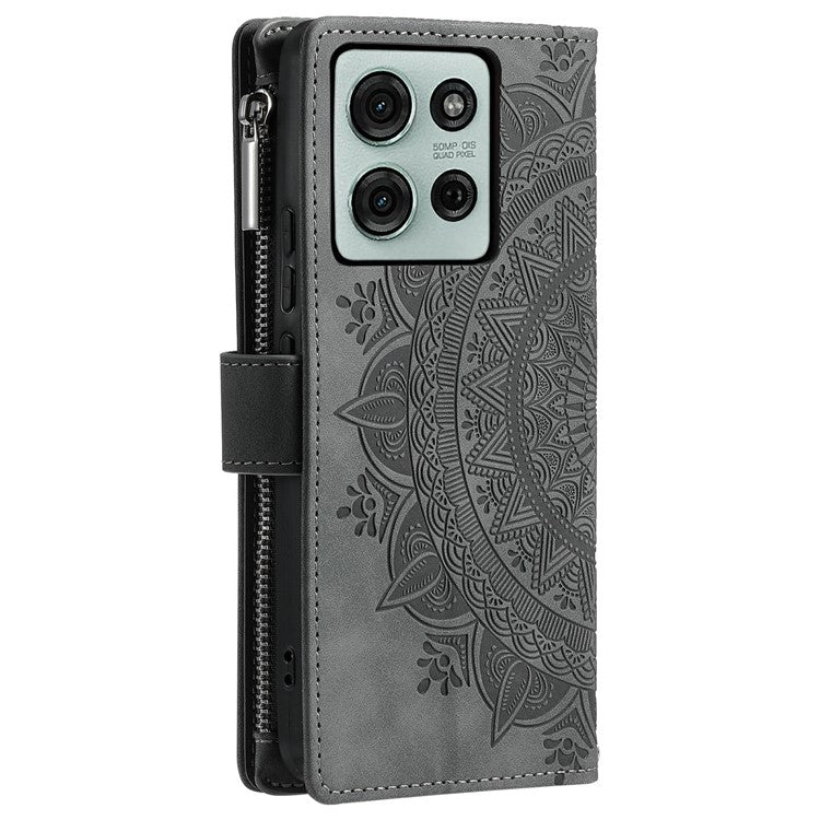 Style 006 For Motorola Moto G75 5G Wallet Case PU Leather Phone Cover Mandala Flower Pattern - Grey