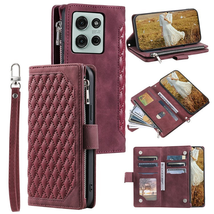 Style 005 For Motorola Moto G75 5G Wallet Case Rhombus Stitching Line PU Leather Phone Cover - Wine Red