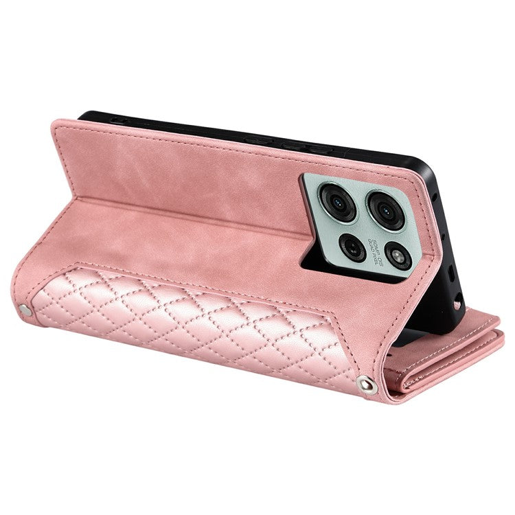 Style 005 For Motorola Moto G75 5G Wallet Case Rhombus Stitching Line PU Leather Phone Cover - Rose Gold