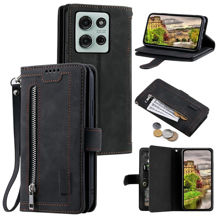 For Motorola Moto G75 5G Case PU Leather Phone Cover with Zipper Wallet 9 Card Slots - Black