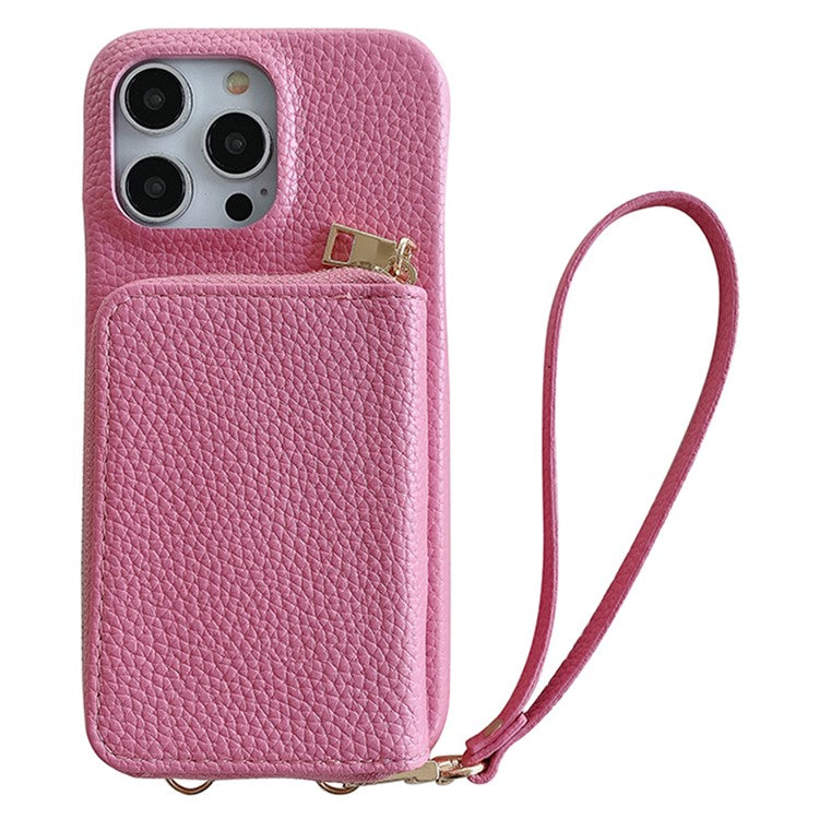 For iPhone 16 Pro Case Zipper Card Slots PU Leather Phone Back Cover with Wrist Strap - Pink