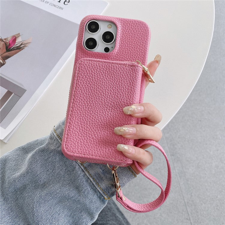 For iPhone 16 Pro Case Zipper Card Slots PU Leather Phone Back Cover with Wrist Strap - Pink