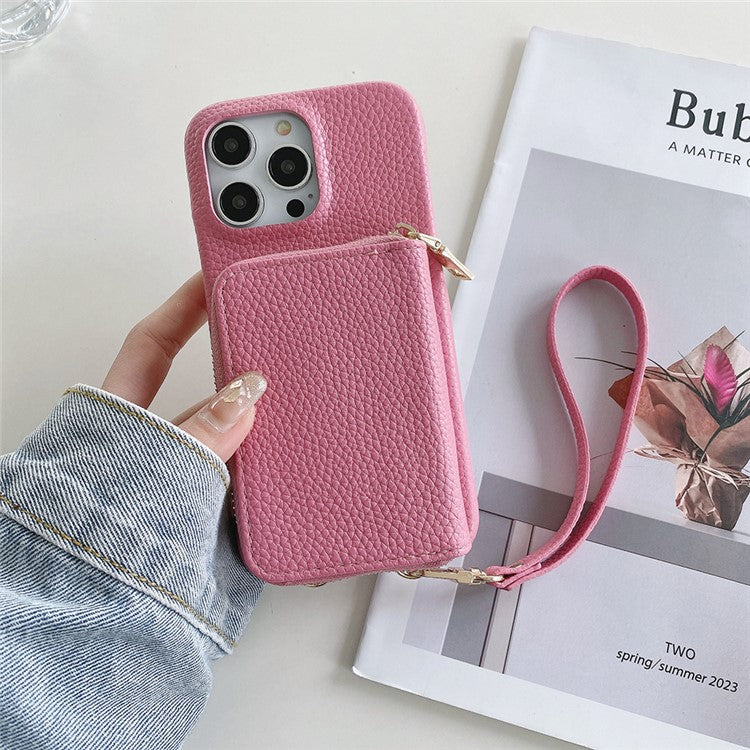 For iPhone 16 Pro Case Zipper Card Slots PU Leather Phone Back Cover with Wrist Strap - Pink