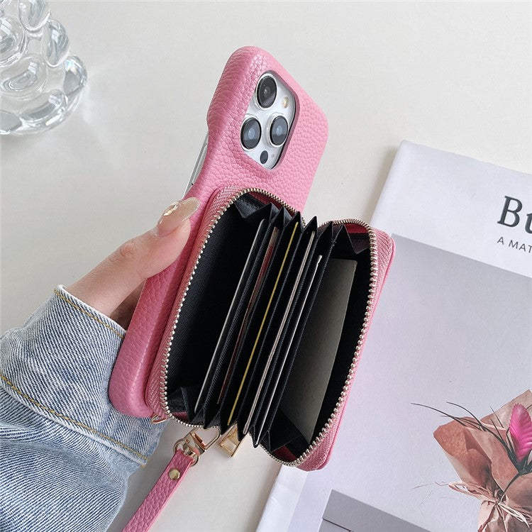For iPhone 16 Pro Case Zipper Card Slots PU Leather Phone Back Cover with Wrist Strap - Pink
