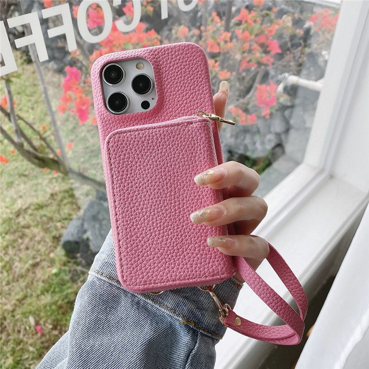 For iPhone 16 Pro Case Zipper Card Slots PU Leather Phone Back Cover with Wrist Strap - Pink