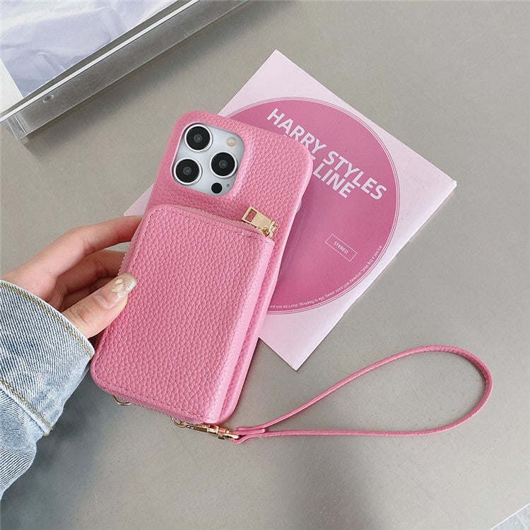 For iPhone 16 Pro Case Zipper Card Slots PU Leather Phone Back Cover with Wrist Strap - Pink