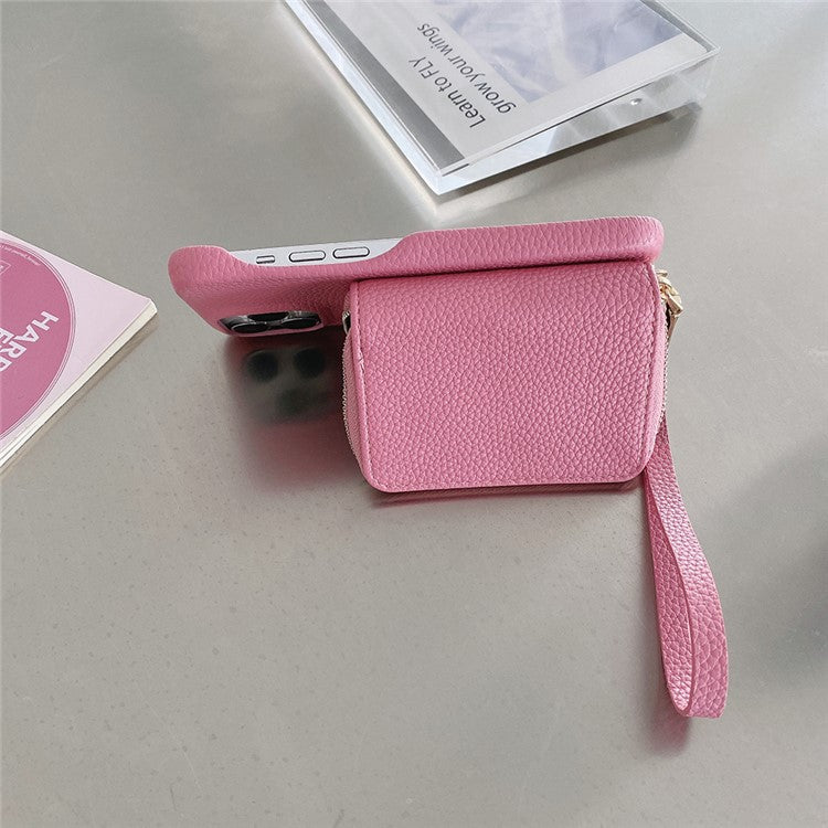 For iPhone 16 Pro Case Zipper Card Slots PU Leather Phone Back Cover with Wrist Strap - Pink