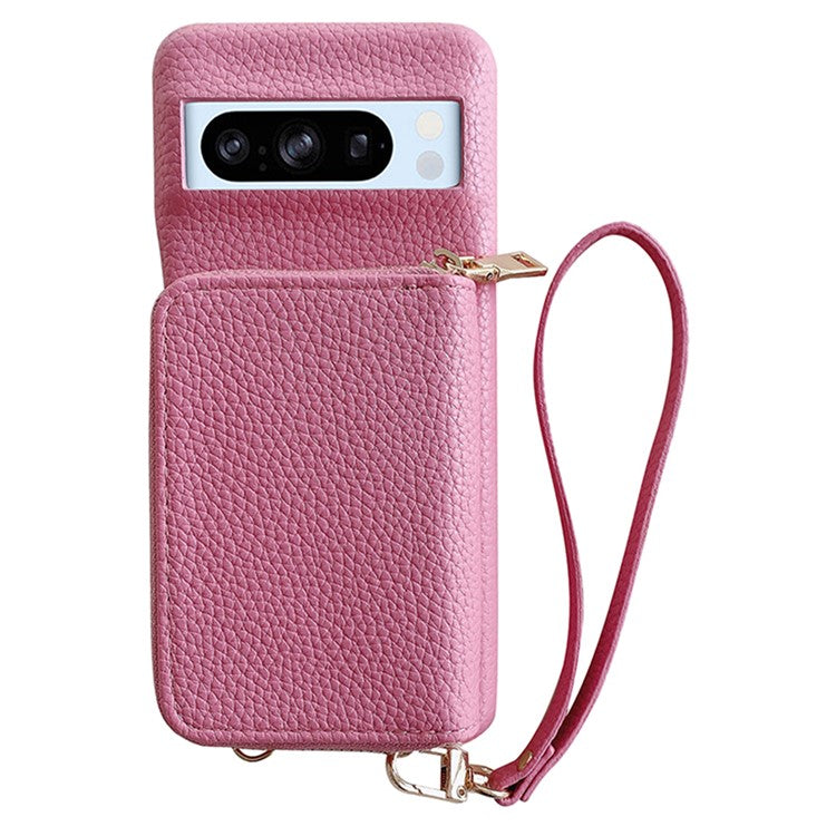 For Google Pixel 8 Pro Case Zipper Card Slots PU Leather Phone Back Cover with Wrist Strap - Pink