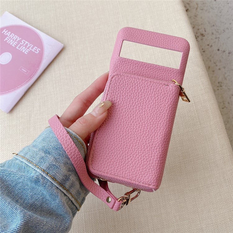 For Google Pixel 8 Pro Case Zipper Card Slots PU Leather Phone Back Cover with Wrist Strap - Pink
