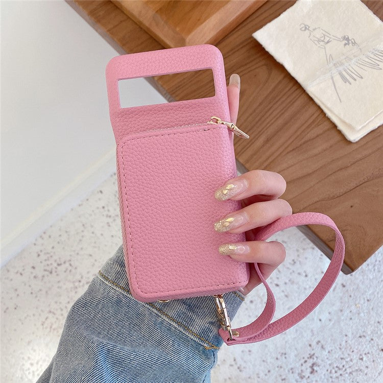For Google Pixel 8 Pro Case Zipper Card Slots PU Leather Phone Back Cover with Wrist Strap - Pink