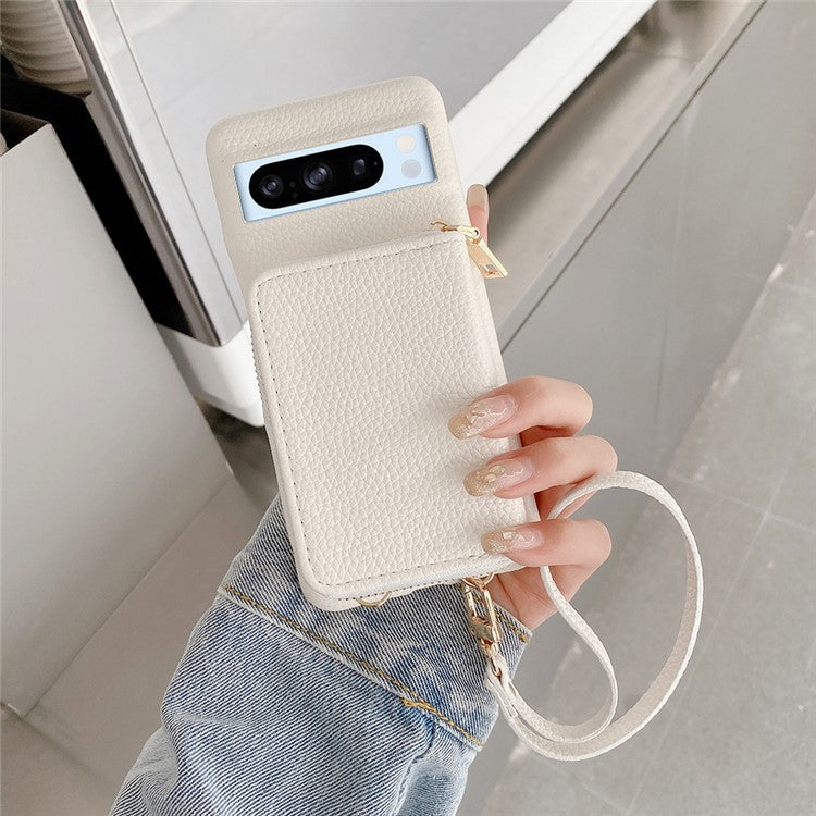 For Google Pixel 8 Pro Case Zipper Card Slots PU Leather Phone Back Cover with Wrist Strap - White