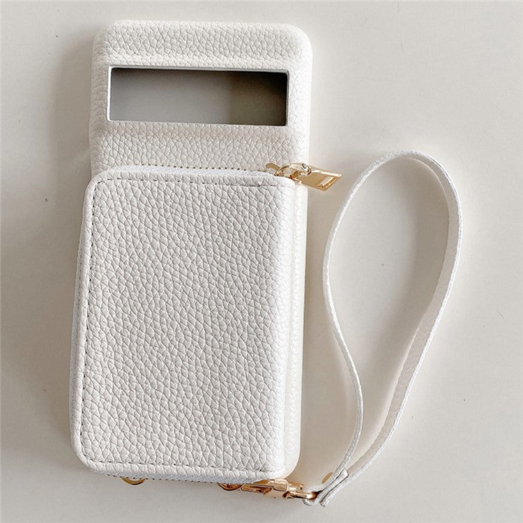 For Google Pixel 8 Pro Case Zipper Card Slots PU Leather Phone Back Cover with Wrist Strap - White