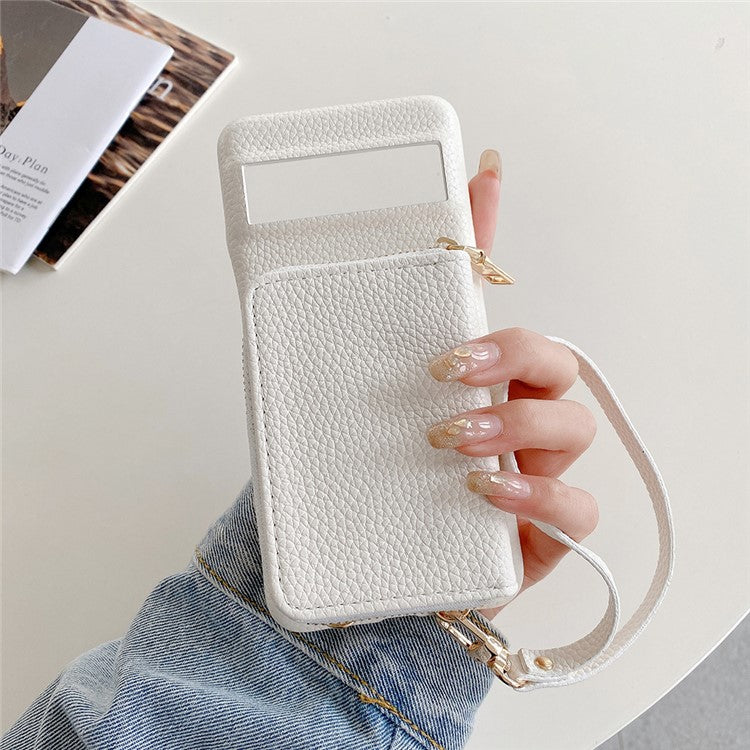For Google Pixel 8 Pro Case Zipper Card Slots PU Leather Phone Back Cover with Wrist Strap - White