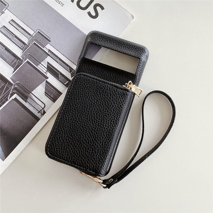 For Google Pixel 8 Pro Case Zipper Card Slots PU Leather Phone Back Cover with Wrist Strap - Black