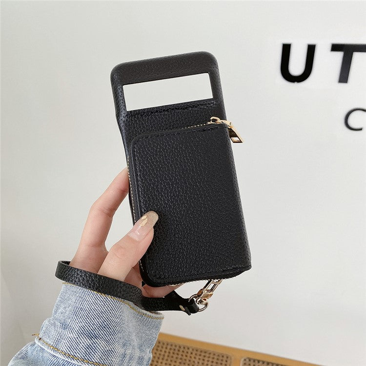 For Google Pixel 8 Pro Case Zipper Card Slots PU Leather Phone Back Cover with Wrist Strap - Black