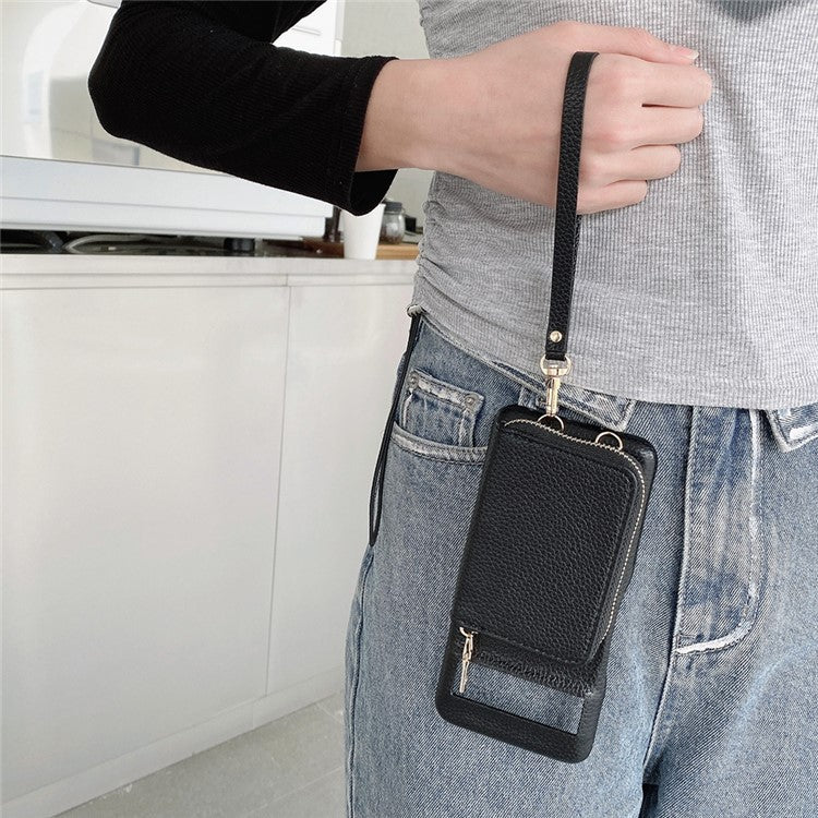 For Google Pixel 8 Pro Case Zipper Card Slots PU Leather Phone Back Cover with Wrist Strap - Black