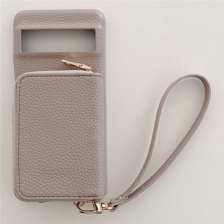 For Google Pixel 8 Pro Case Zipper Card Slots PU Leather Phone Back Cover with Wrist Strap - Grey