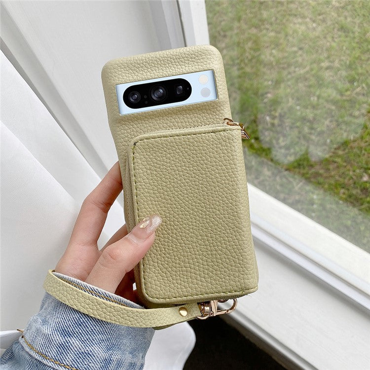 For Google Pixel 8 Pro Case Zipper Card Slots PU Leather Phone Back Cover with Wrist Strap - Green