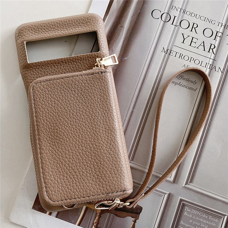 For Google Pixel 8 Pro Case Zipper Card Slots PU Leather Phone Back Cover with Wrist Strap - Light Brown