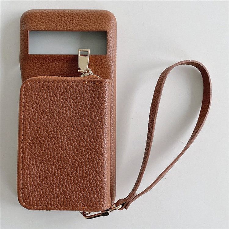 For Google Pixel 8 Pro Case Zipper Card Slots PU Leather Phone Back Cover with Wrist Strap - Dark Brown