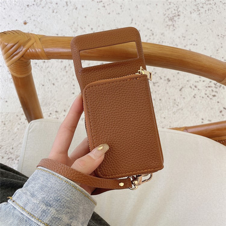 For Google Pixel 8 Pro Case Zipper Card Slots PU Leather Phone Back Cover with Wrist Strap - Dark Brown