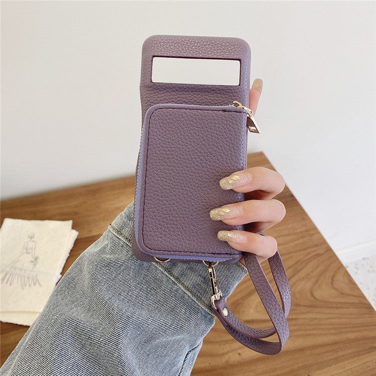 For Google Pixel 8 Pro Case Zipper Card Slots PU Leather Phone Back Cover with Wrist Strap - Purple