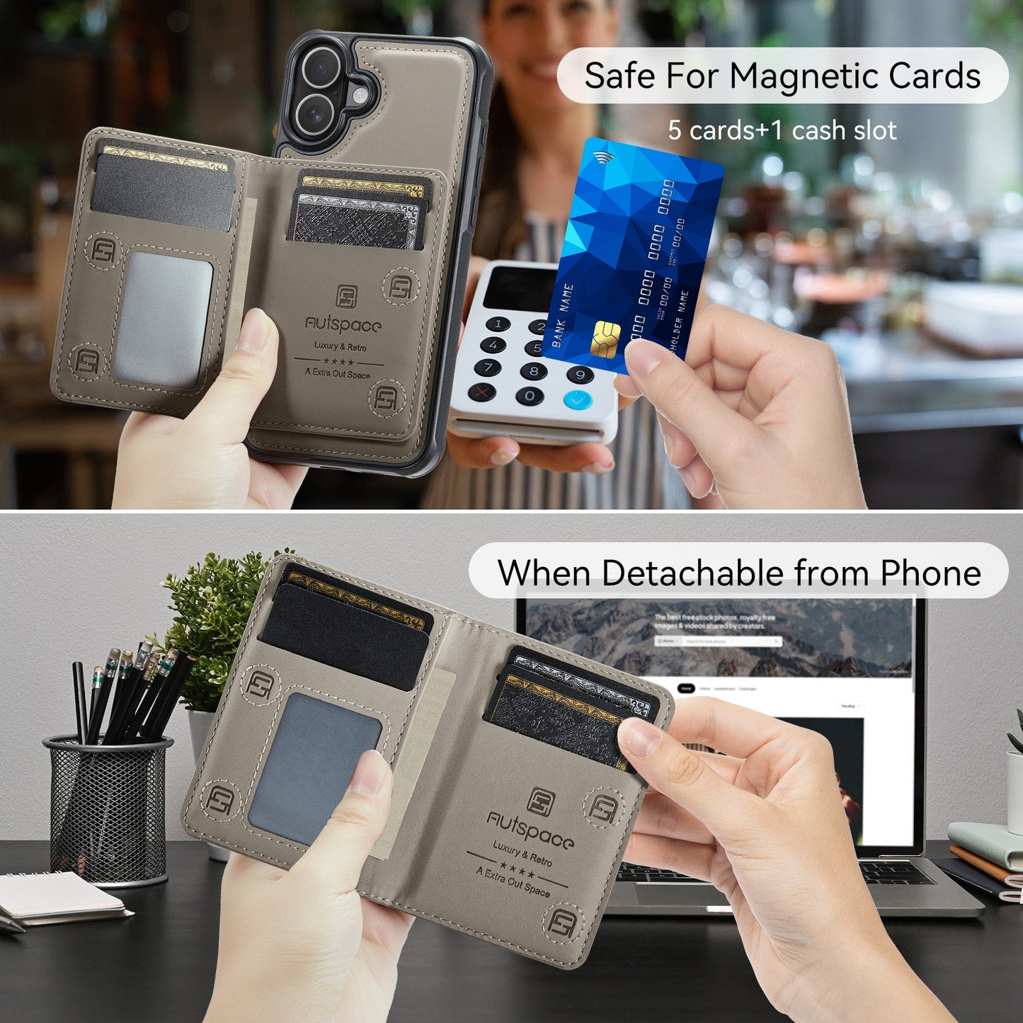 For iPhone 16 Plus Case AUTSPACE A13 Vintage Leather Back Cover with Magnetic Detachable Card Bag - Grey