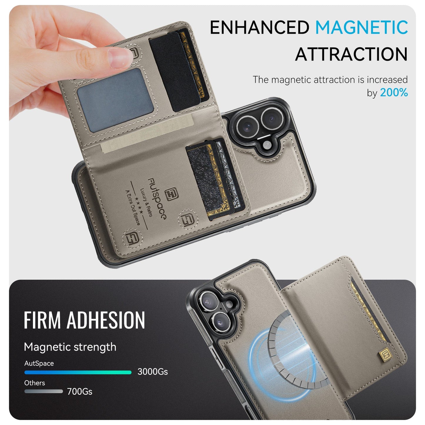 For iPhone 16 Plus Case AUTSPACE A13 Vintage Leather Back Cover with Magnetic Detachable Card Bag - Grey