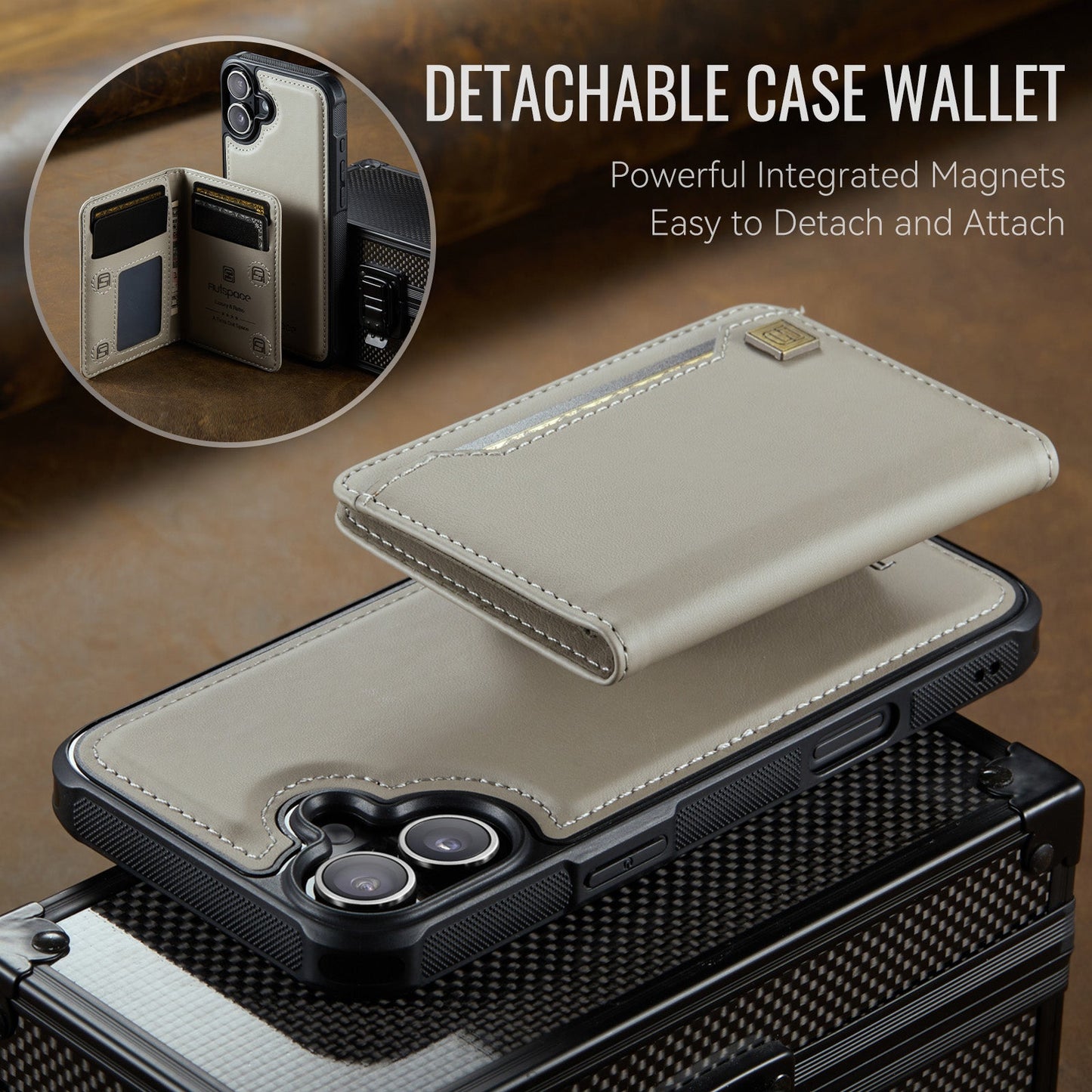 For iPhone 16 Plus Case AUTSPACE A13 Vintage Leather Back Cover with Magnetic Detachable Card Bag - Grey