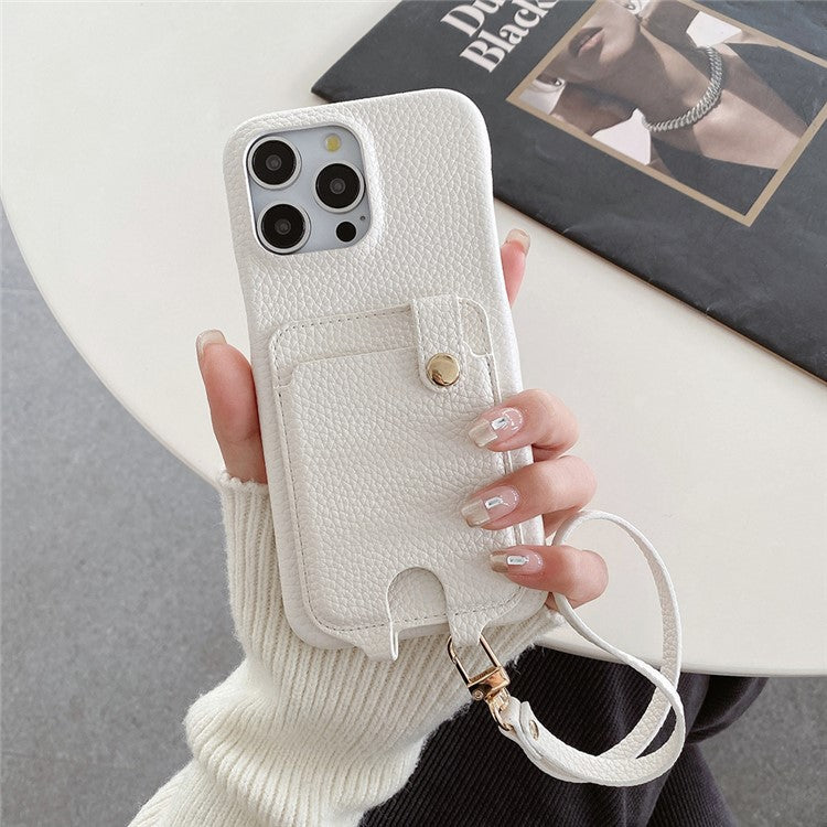 For iPhone 16 Pro Case Multi-Functional Card Slots Leather Back Cover with Wrist Strap - White