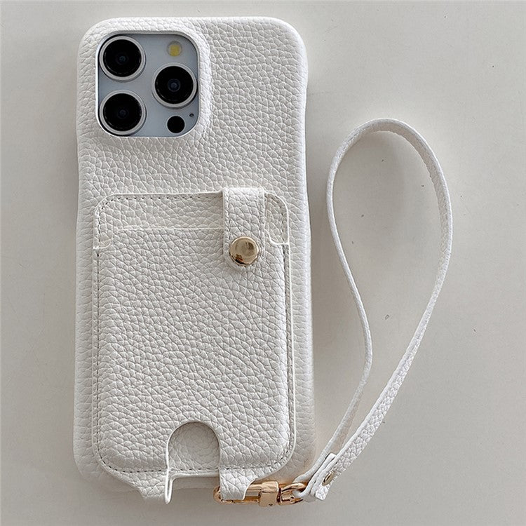 For iPhone 16 Pro Case Multi-Functional Card Slots Leather Back Cover with Wrist Strap - White