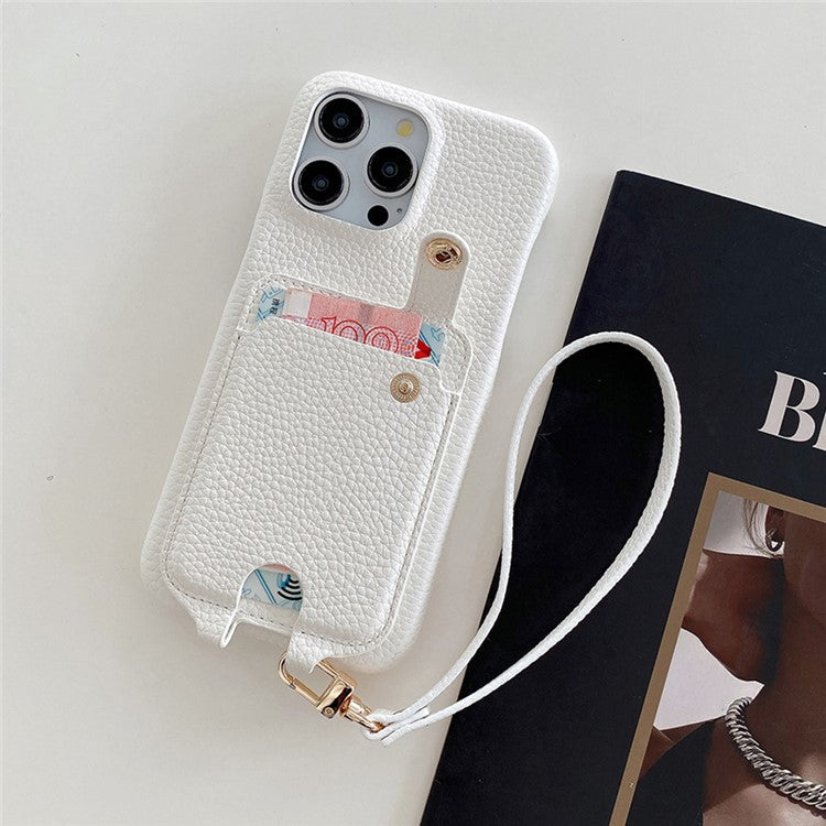 For iPhone 16 Pro Case Multi-Functional Card Slots Leather Back Cover with Wrist Strap - White