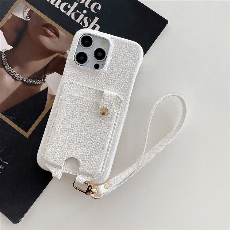 For iPhone 16 Pro Case Multi-Functional Card Slots Leather Back Cover with Wrist Strap - White