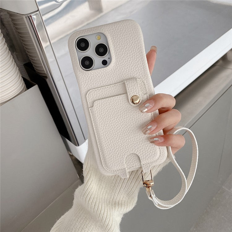 For iPhone 16 Pro Case Multi-Functional Card Slots Leather Back Cover with Wrist Strap - White