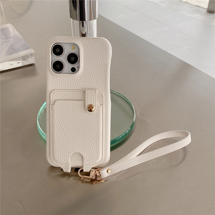 For iPhone 16 Pro Case Multi-Functional Card Slots Leather Back Cover with Wrist Strap - White