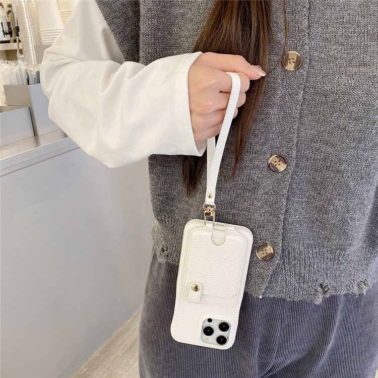 For iPhone 16 Pro Case Multi-Functional Card Slots Leather Back Cover with Wrist Strap - White