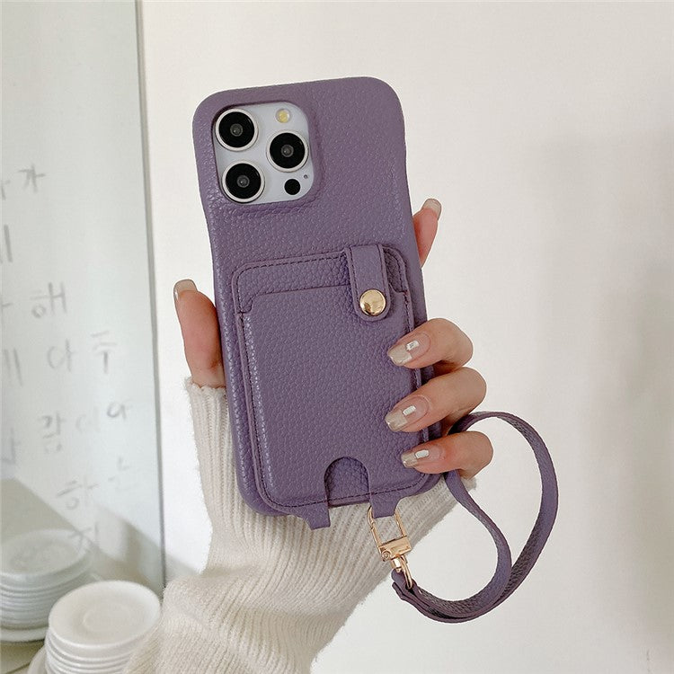 For iPhone 16 Pro Case Multi-Functional Card Slots Leather Back Cover with Wrist Strap - Purple