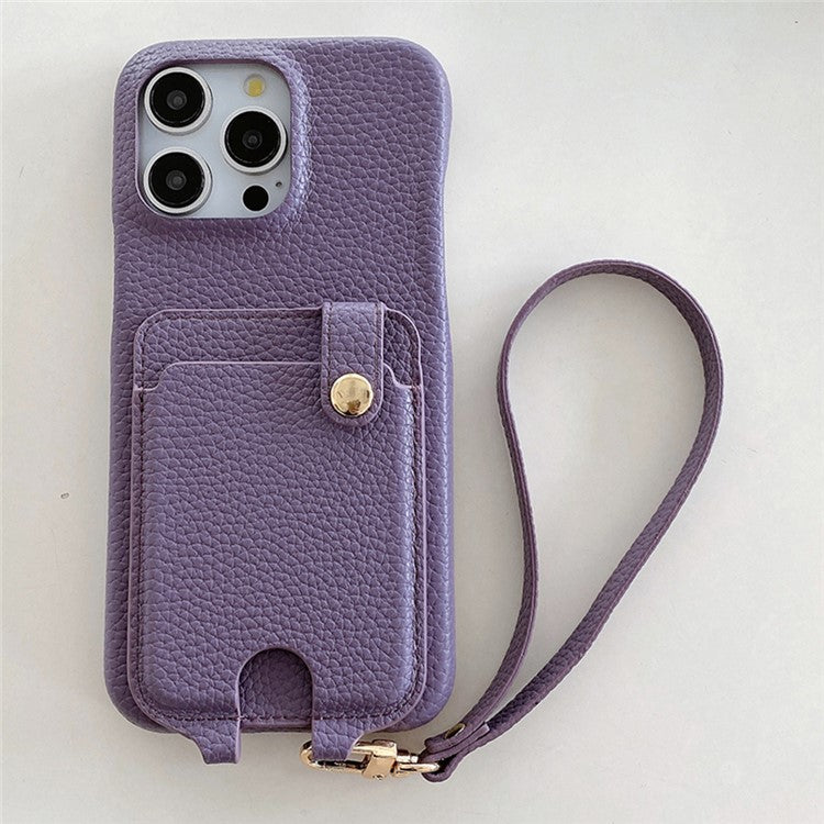 For iPhone 16 Pro Case Multi-Functional Card Slots Leather Back Cover with Wrist Strap - Purple