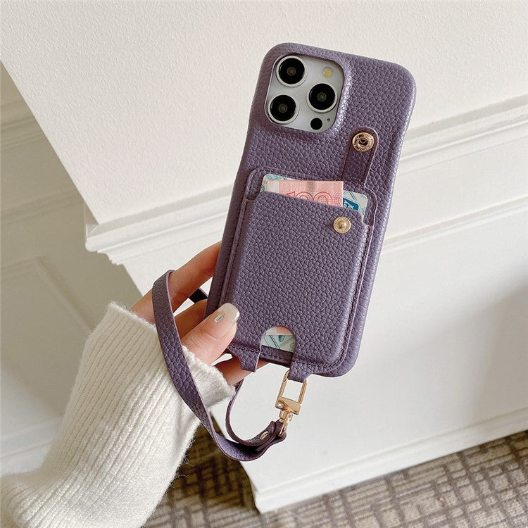 For iPhone 16 Pro Case Multi-Functional Card Slots Leather Back Cover with Wrist Strap - Purple