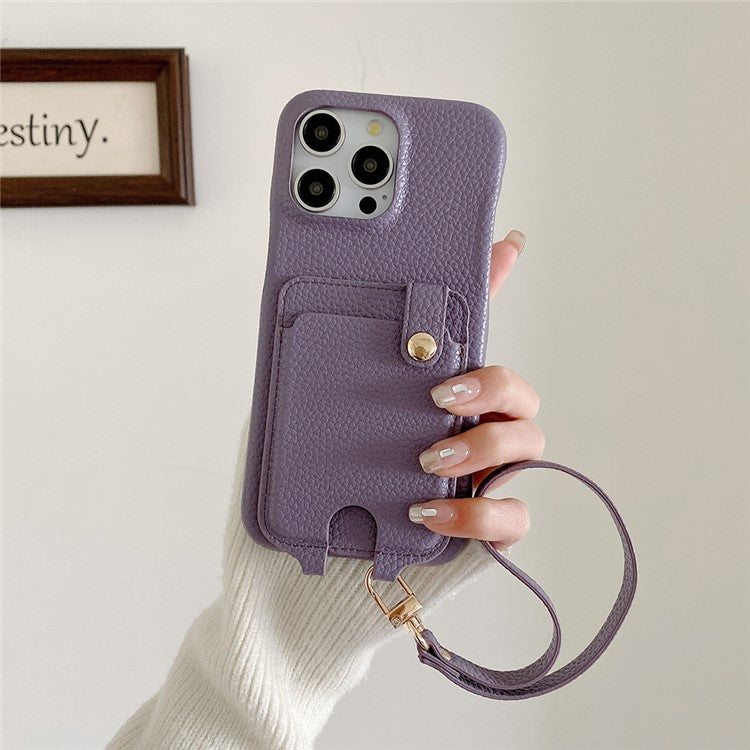 For iPhone 16 Pro Case Multi-Functional Card Slots Leather Back Cover with Wrist Strap - Purple