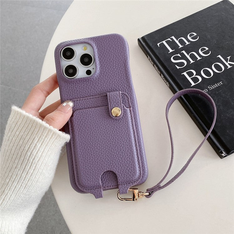 For iPhone 16 Pro Case Multi-Functional Card Slots Leather Back Cover with Wrist Strap - Purple