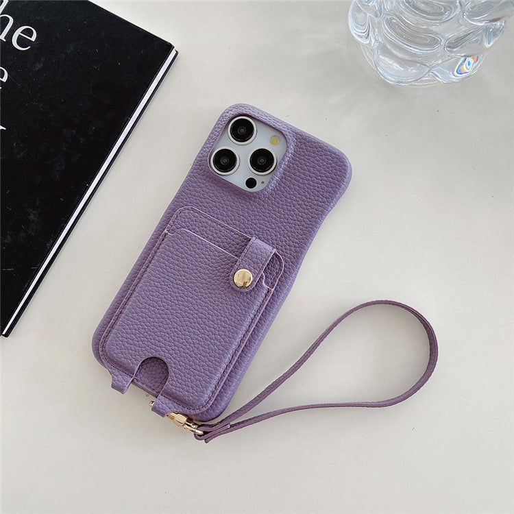For iPhone 16 Pro Case Multi-Functional Card Slots Leather Back Cover with Wrist Strap - Purple