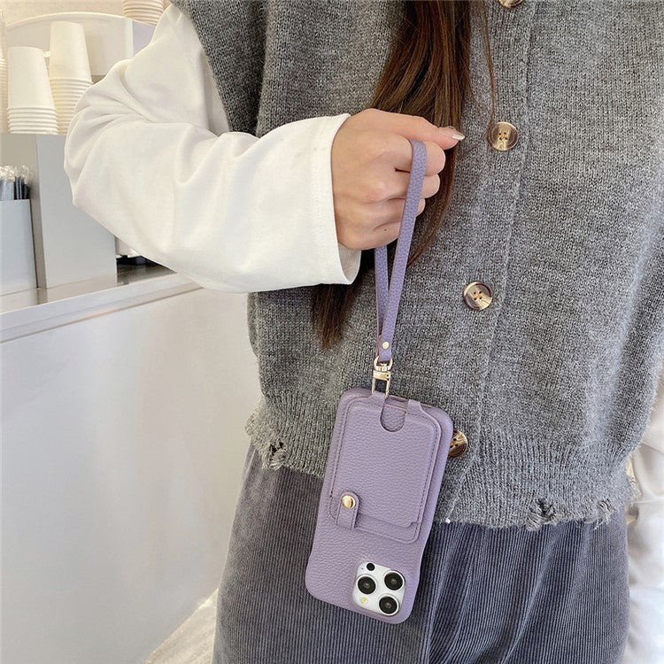 For iPhone 16 Pro Case Multi-Functional Card Slots Leather Back Cover with Wrist Strap - Purple