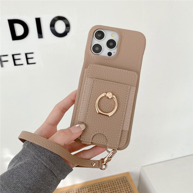 For iPhone 16 Pro Case Card Slots Kickstand PU Leather Back Cover with Ring Holder, Wrist Strap - Light Brown