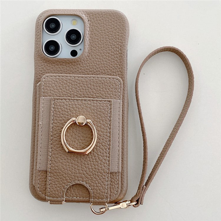 For iPhone 16 Pro Case Card Slots Kickstand PU Leather Back Cover with Ring Holder, Wrist Strap - Light Brown