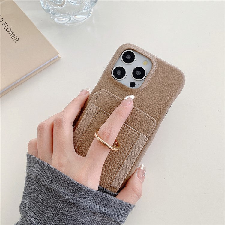 For iPhone 16 Pro Case Card Slots Kickstand PU Leather Back Cover with Ring Holder, Wrist Strap - Light Brown