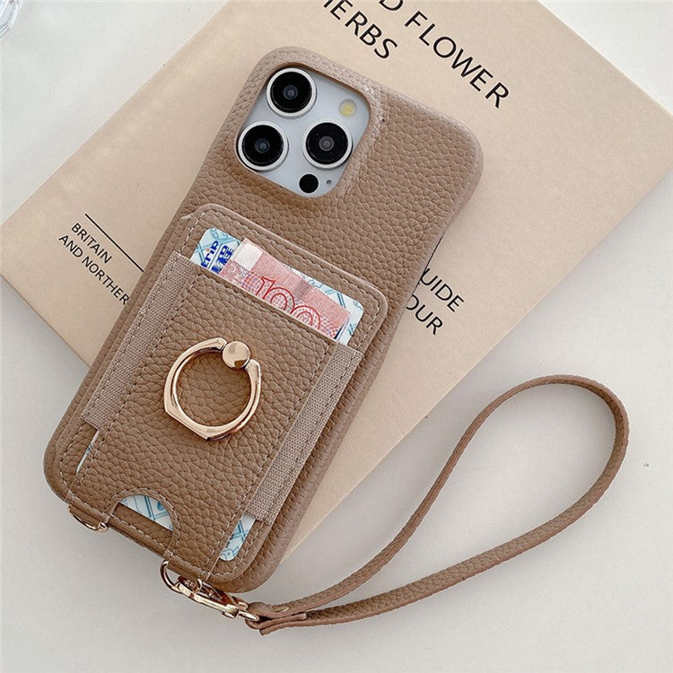 For iPhone 16 Pro Case Card Slots Kickstand PU Leather Back Cover with Ring Holder, Wrist Strap - Light Brown
