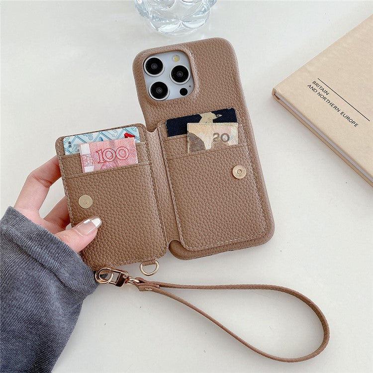 For iPhone 16 Pro Case Card Slots Kickstand PU Leather Back Cover with Ring Holder, Wrist Strap - Light Brown
